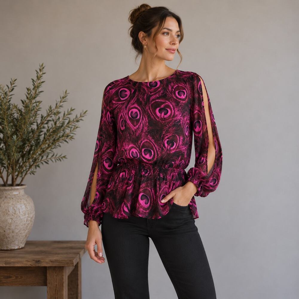 Michael by Michael Kors Magenta Black Feather Print Blouse 2